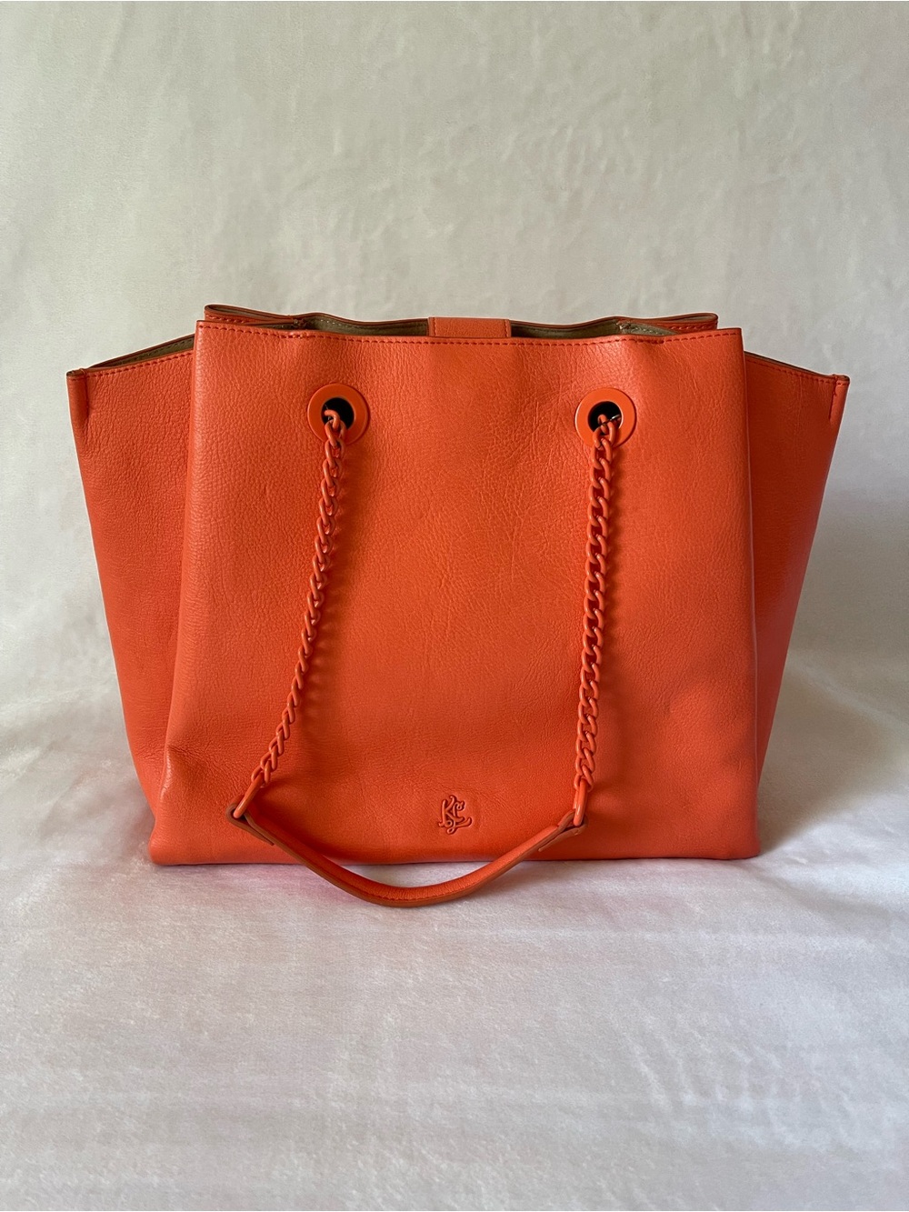 Authentic Karl Lagerfeld Paris Orange Leather Tote Bag with Chain Straps